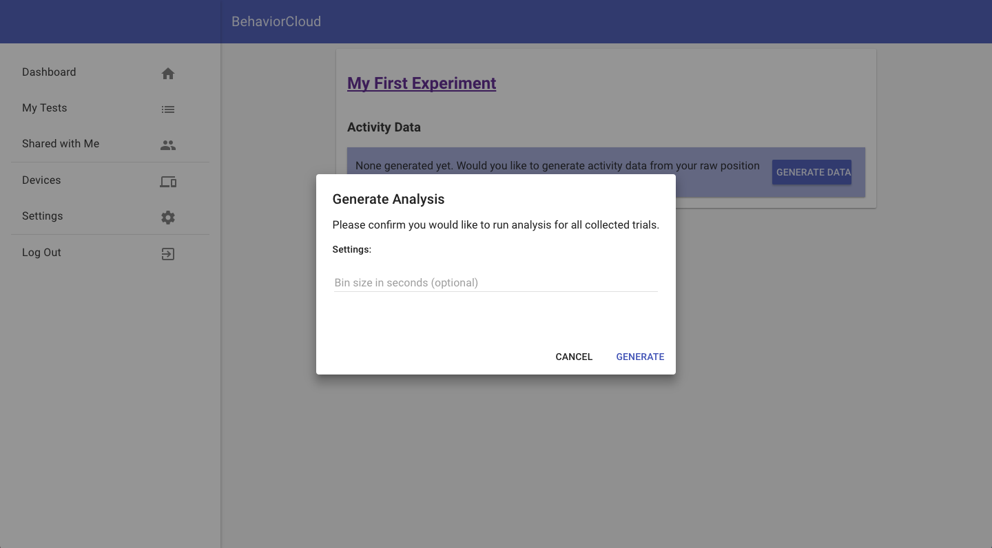 Interface for generating time binned data