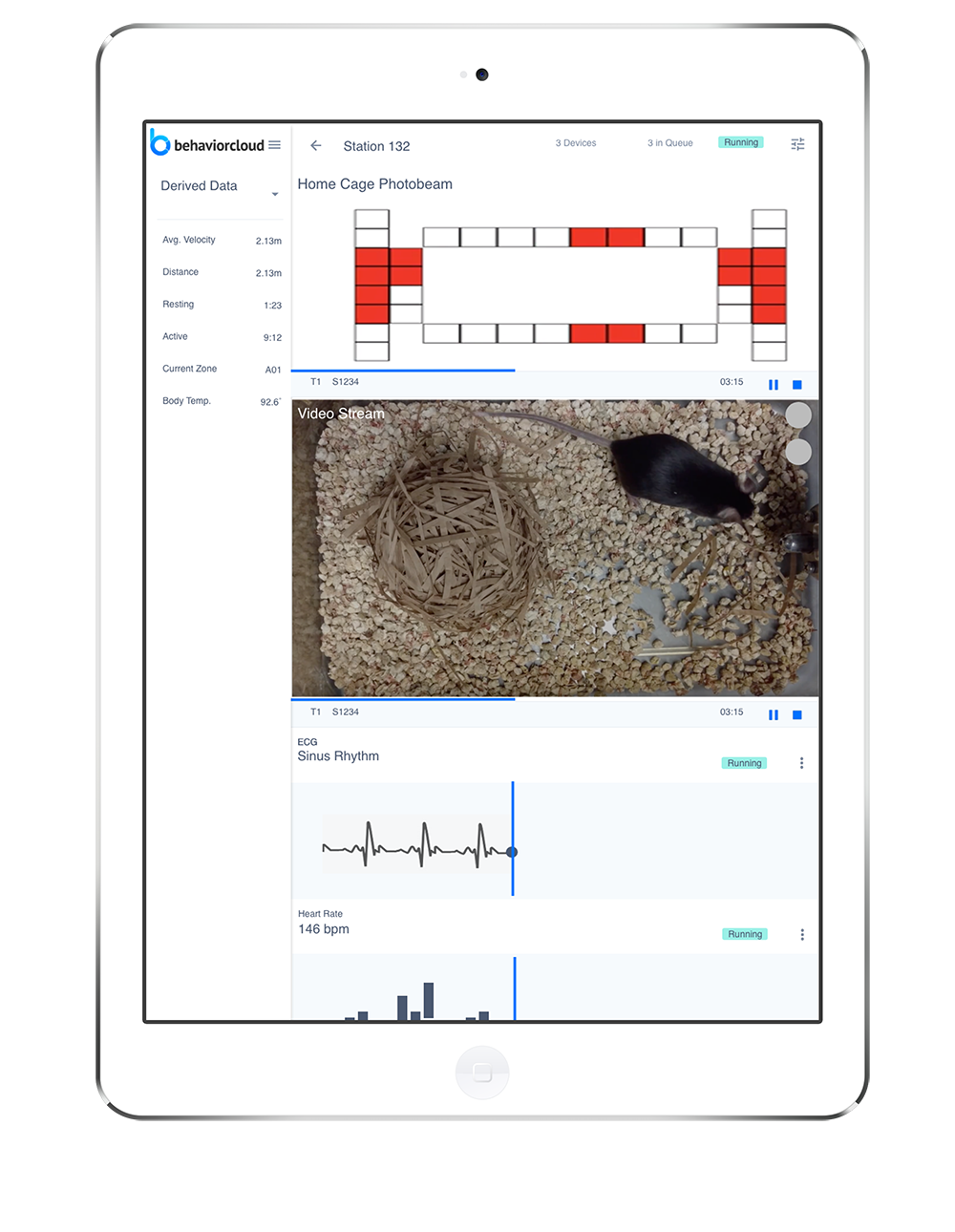 BehaviorCloud account demonstrating data collection from photobeam, video, and telemetry sensor in parallel.