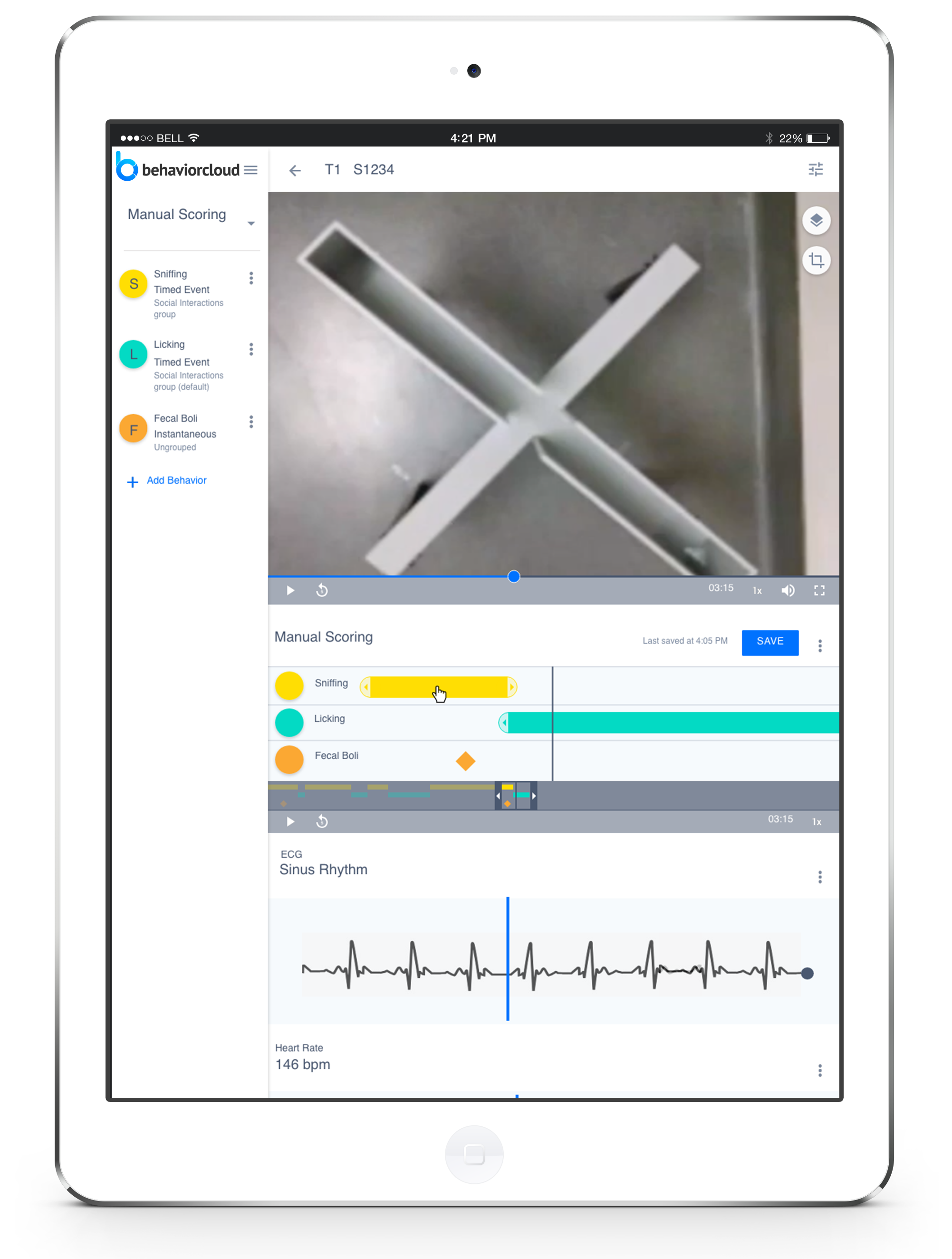 Data analysis view for an example of elevated plus maze testing