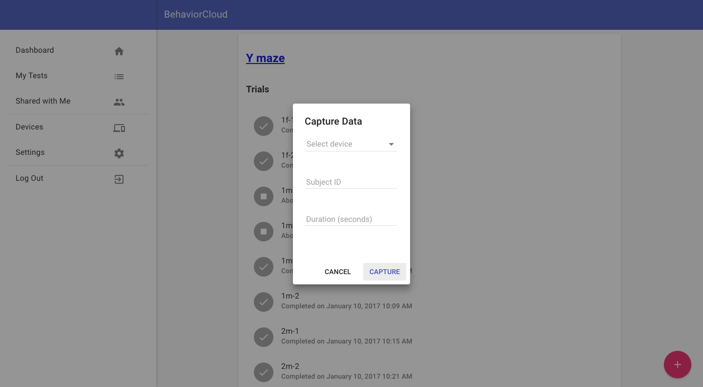 Screenshot of data capture page